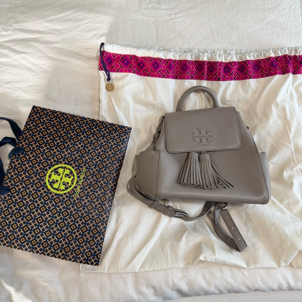 Tory Burch Thea Mini Backpack Pebbled Leather Purse French Gray